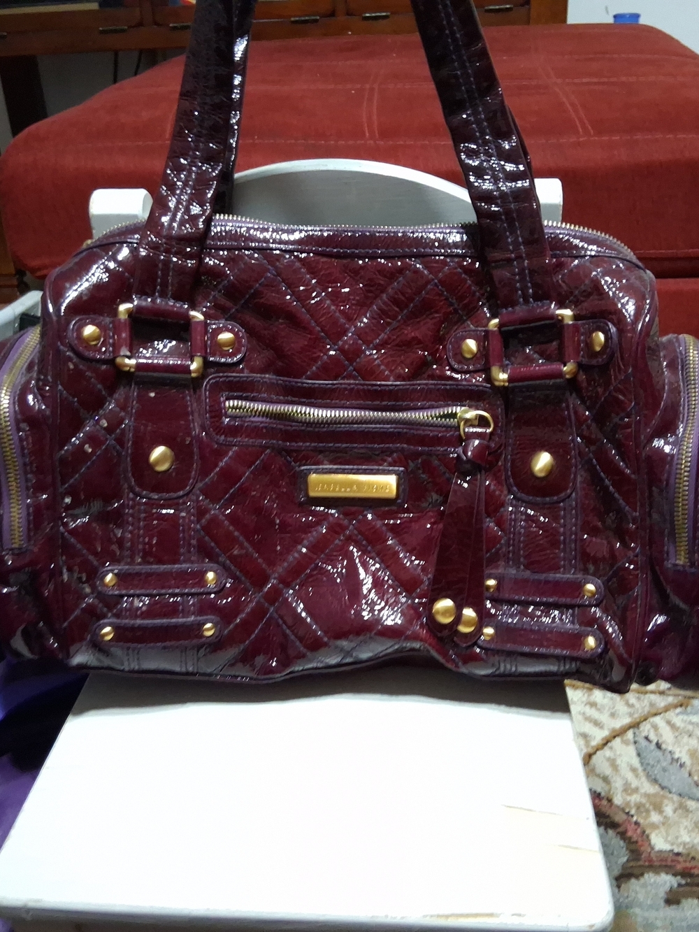 Isabella Fiore Burgundy Patent Leather Quilted Satchel Gold Chain